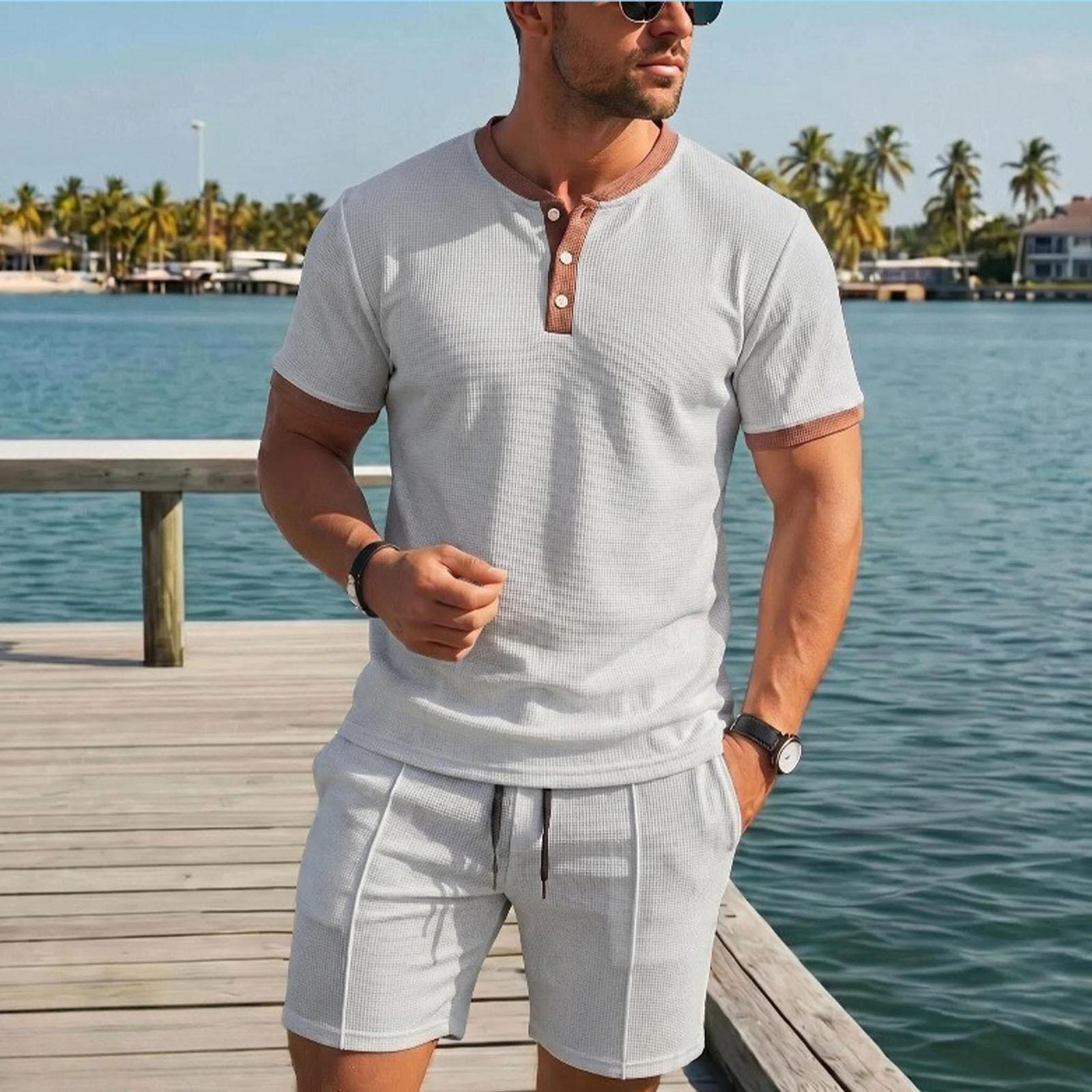 

Men s Casual Vintage Waffle Knit Short Sleeve Henley Shirt with Button Placket and Lightweight Breathable Drawstring Waist Shorts Set XL