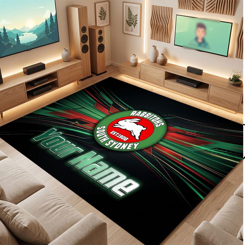 South Sydney Rabbitohs Personalized Crystal Velvet Carpet, Customized Name Text Soft Anti‑Slip Rug for Living Room Bedroom