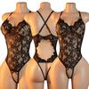 Sexy Schrittlose Schwarze Unterwäsche Damen Spitze Durchbrochener Bodysuit Erotisches Kostüm Teddy Tiefes V Baby Doll Kleid BH Dessous-Set