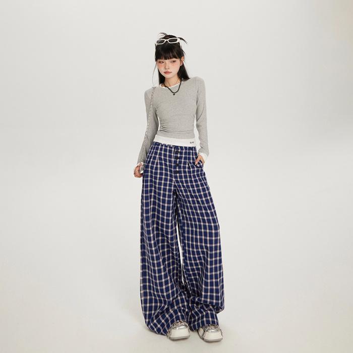 

Ретро клетчатые брюки для женщин на осень с высокой посадкой, свободные брюки с широкими штанинами, ленивые напольные брюки с широкими штанинами, повседневные брюки для женщин на осень XL