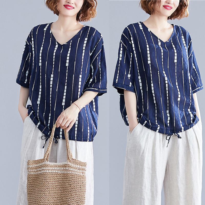 Summer Printed Short-sleeved T-shirt V-neck Cotton and Linen Loose Large-size Women's Top T-shirt Cotton and Linen Shirt