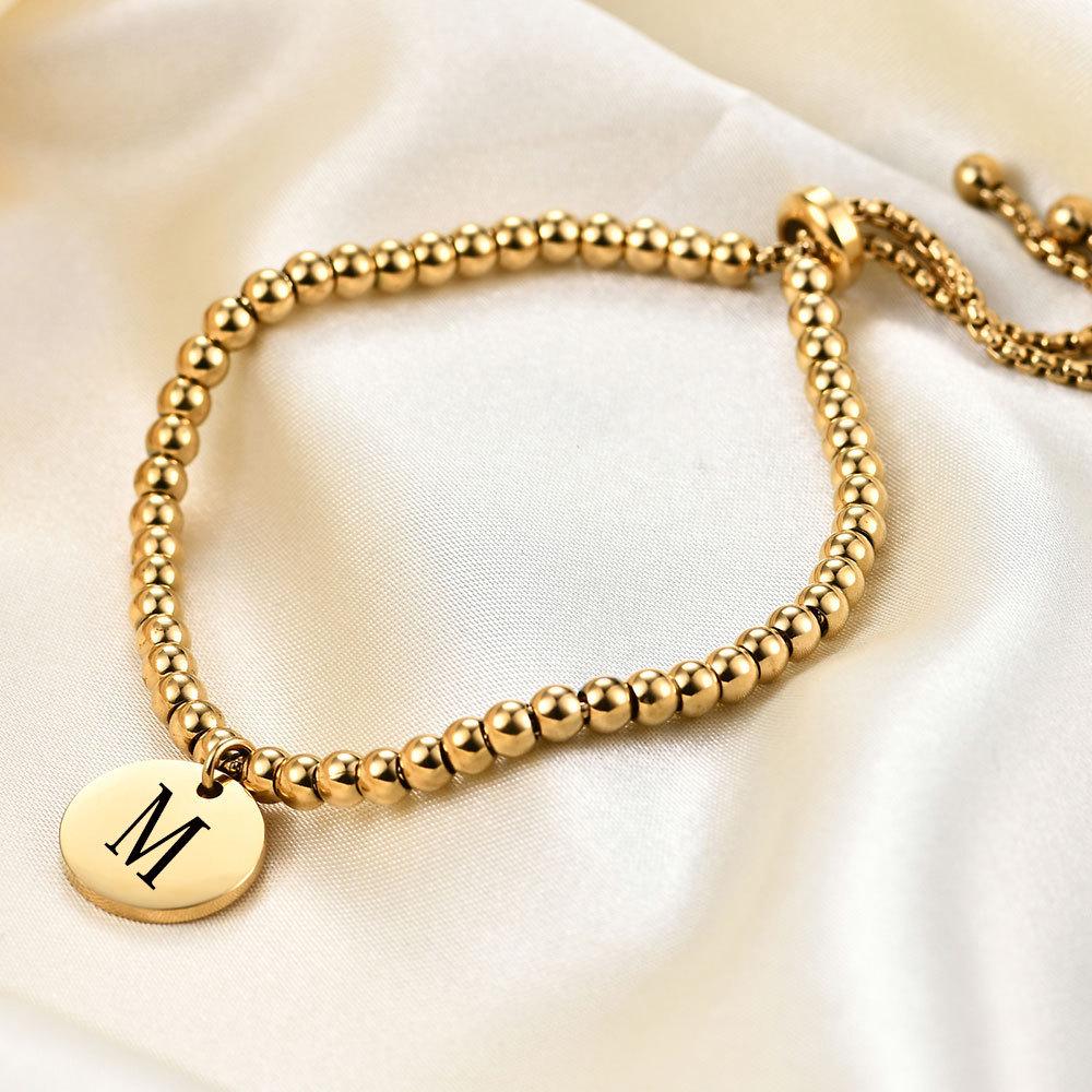 18K Gold Adjustable Beaded Bracelet with Titanium Steel  Stainless Steel, featuring Round English Letters A-Z. Y