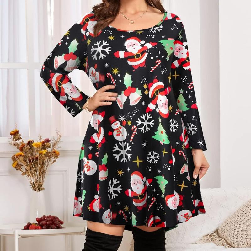 

QICED Женские модные рождественские принты с рукавами миди и большими размерами XXXXXL дымный черный