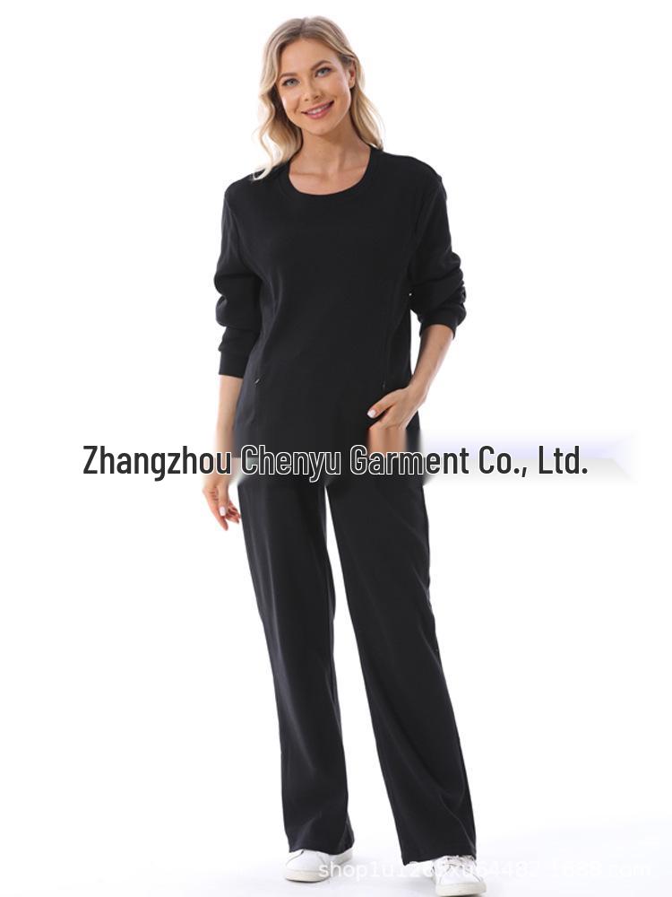 Maternity Fashion Spring/Autumn Two-Piece: Breastfeeding-Friendly Sweatshirt & Wide-Leg Pants Set for 2025