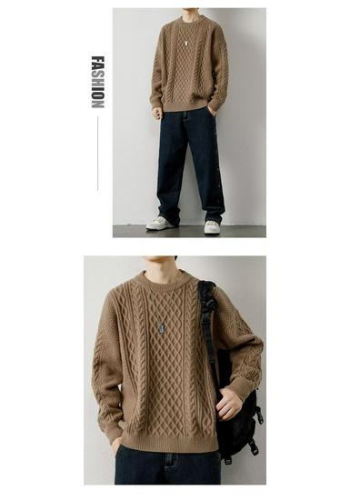 Men's Retro Cable Knit Sweater - Round Neck, Loose Fit, Trendy Autumn/Winter Woolen Knitwear for Teens