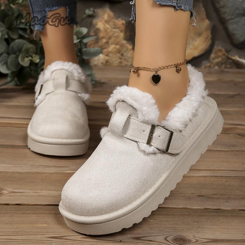 Fashion Faux Fur Buckle Decor Shoes for Women Winter Warm Thicken Plush Cotton Snow Boots Comfort Thick Sole Non Slip Casual Shoes 36-41