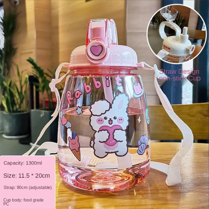 1300 ML Large Capacity Outdoor Sports Water Bottle with Straw Strap Creative Cute Sticker Portable Plastic Kids Sippy Water Cup