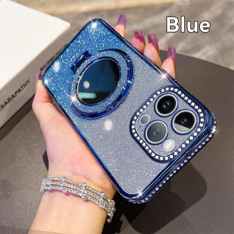 KEYSION Luxury Glitter Jewelled Magnetic Phone Case for iPhone 13 14 Pro Max Makeup Mirror Ring Stand Shockproof Back Cover
