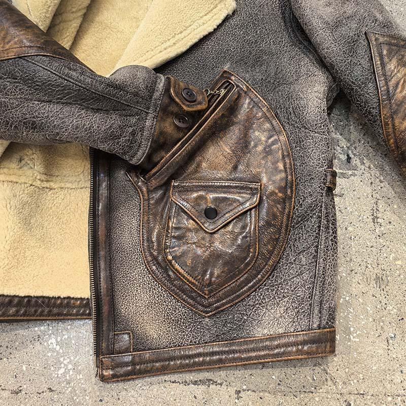 Replica RL retro casual fur integrated men's lapel oblique zipper heavy wash make old fur integrated coat