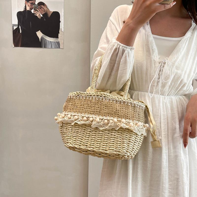 Yogodlns Women Straw Woven Bag Straw Tote Bag Large Capacity Weaving Shoulder Purse with Lace Woven Shopping HandBag Summer Beach Clutch