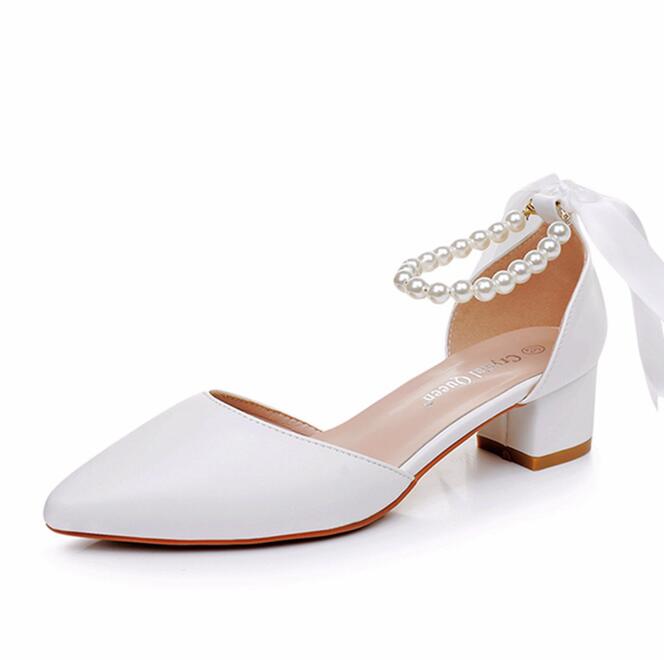 Wedding Heels Women Luxury Brand Design String Bead High Heels Sandals Ladies Sexy Elegant Pointed Toe White Pumps Plus Size 43
