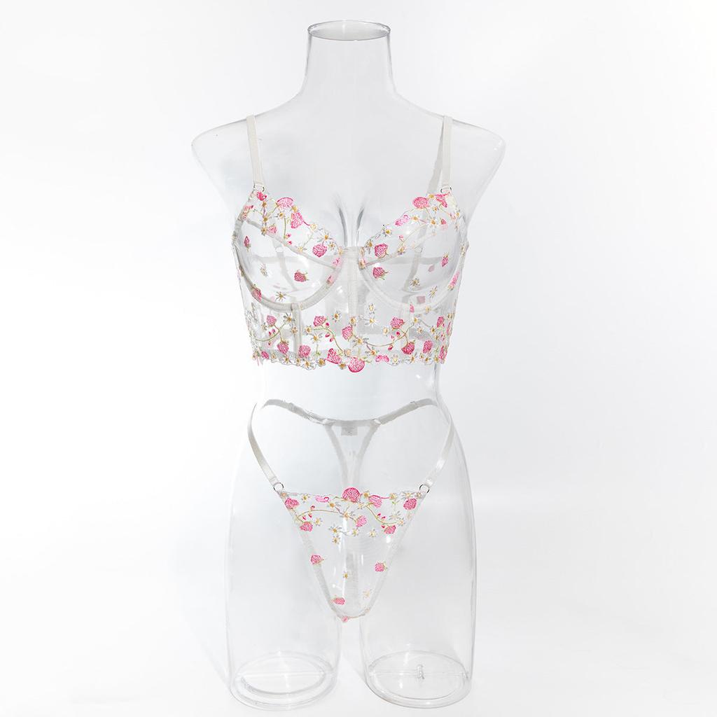 Sweet Floral Embroidered Boned Camisole And Thong Set For Women's  Hollow Out Lingerie Underwear