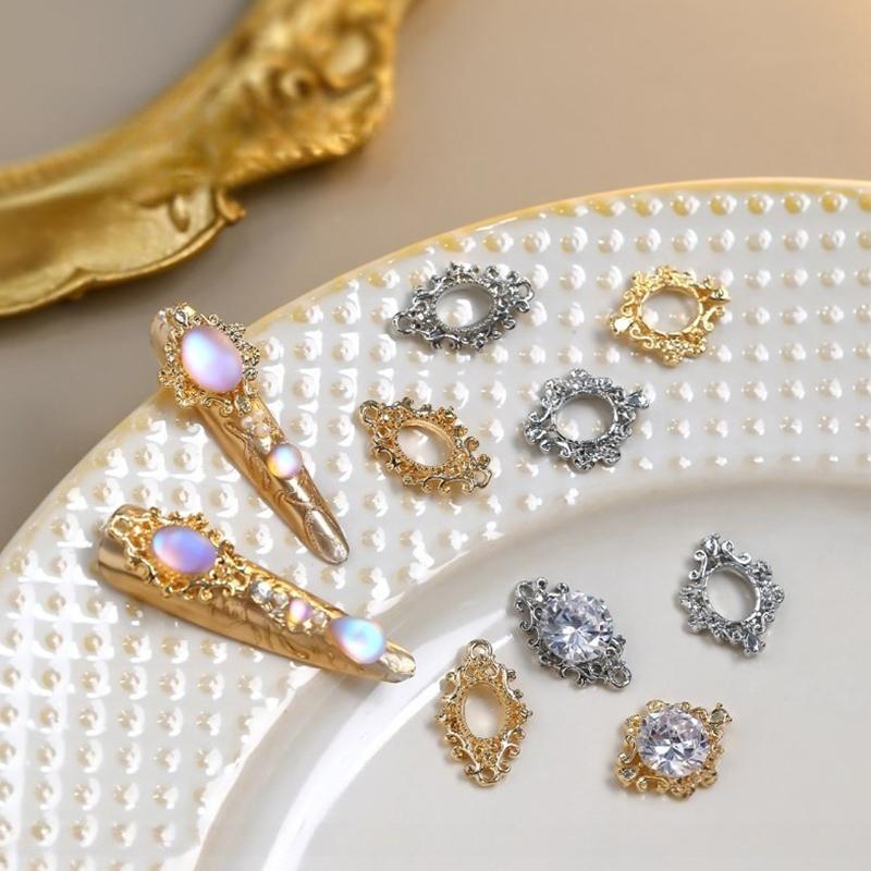 5Pcs Nail Accessory Metal Diamond Holder Retro Light Luxury Three-Dimensional Gold Silver Nail Drill Alloy Base Decoration