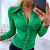 Elegant Women Solid Color Shirt Lapel Long Sleeve Office Tops Pleated Single-breasted Blouse Workwear