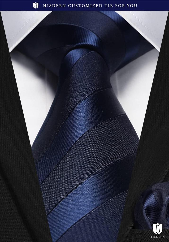 [HISDERN] Business Navy Tie 3-Piece Set - Stylish, Perfect for Weddings, Blue Tie, Pocket Square, Men's Formal Wear, Washable, Brand Name, Gift T3-02
