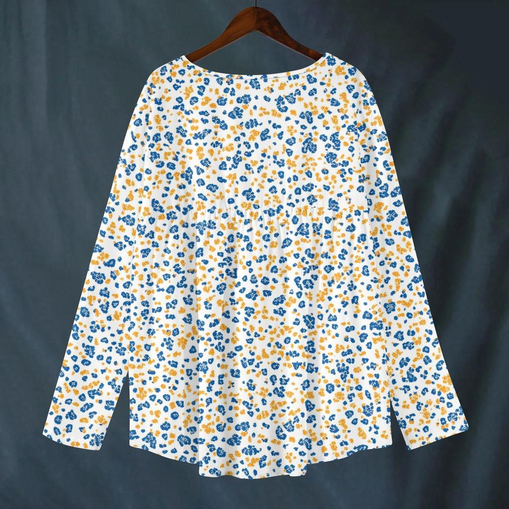 Women's Fashionable And Casual Shirt Long-sleeved V-neck Print Cotton And Linen Blouse