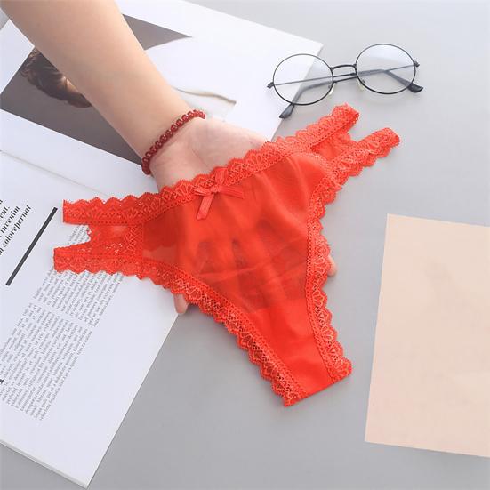 Sexy Embroidery Lace Stitching Briefs Solid Color Bowknot Decor See-through Mesh Thong Low-rise Ultra-thin Hollow Out Panties