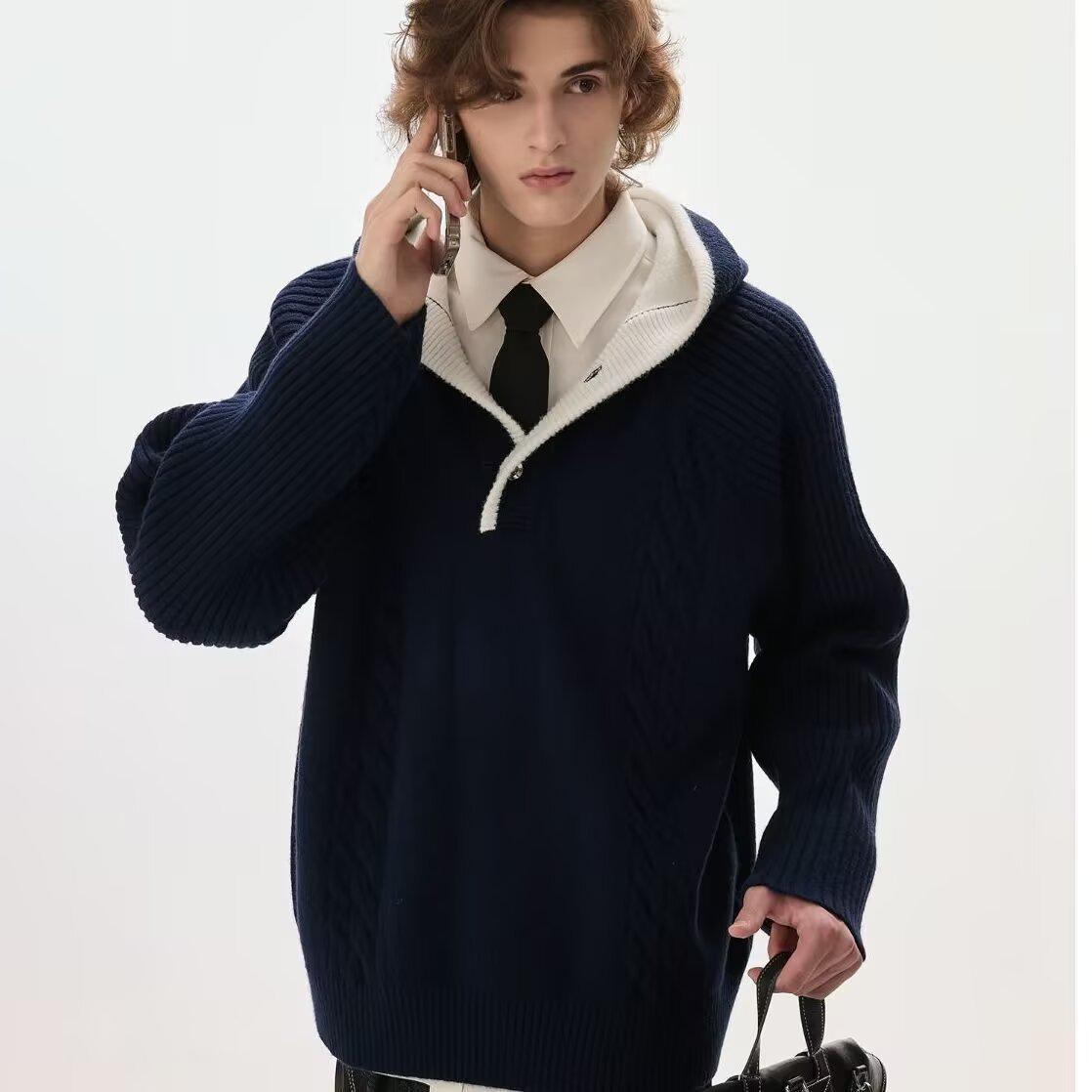 

Men s Color-Block Cable Knit Hooded Sweater - Winter Loose Fit Thick Pullover Jacket Extra Large темно-синього кольору