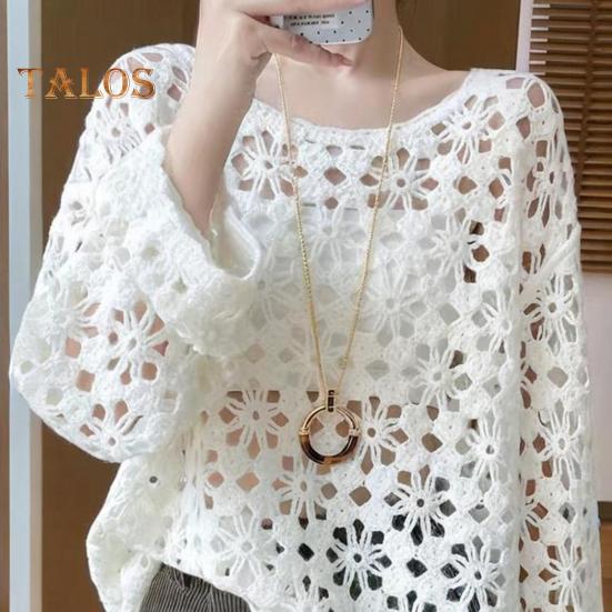 Dámský pulovr Cover Up Kulatý výstřih Dlouhý rukáv Dírkované pletené topy Jednobarevné Háčkované opalovací topy