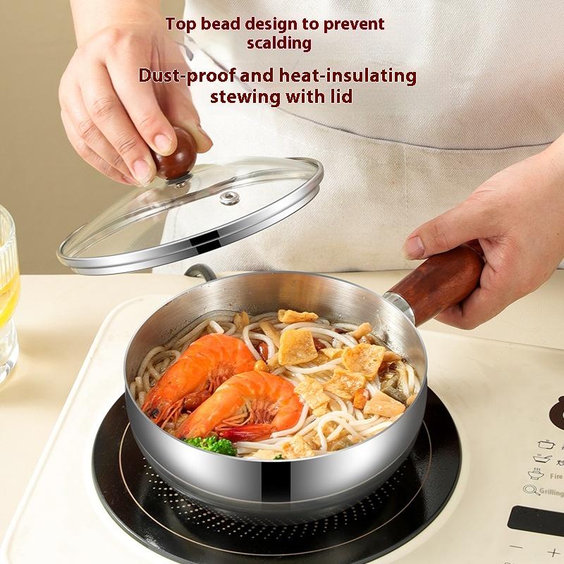 14Cm Single-Person Pot Stainless Steel Bowl Walnut Wood Handle Fruit Salad Yogurt Bowl Restaurant Breakfast Cooking Tool