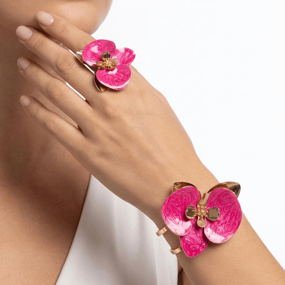 Bohemian Flower Bracelet Exaggerated Open Floral Arm Cuff Flower Bracelet Ring Set Vacation