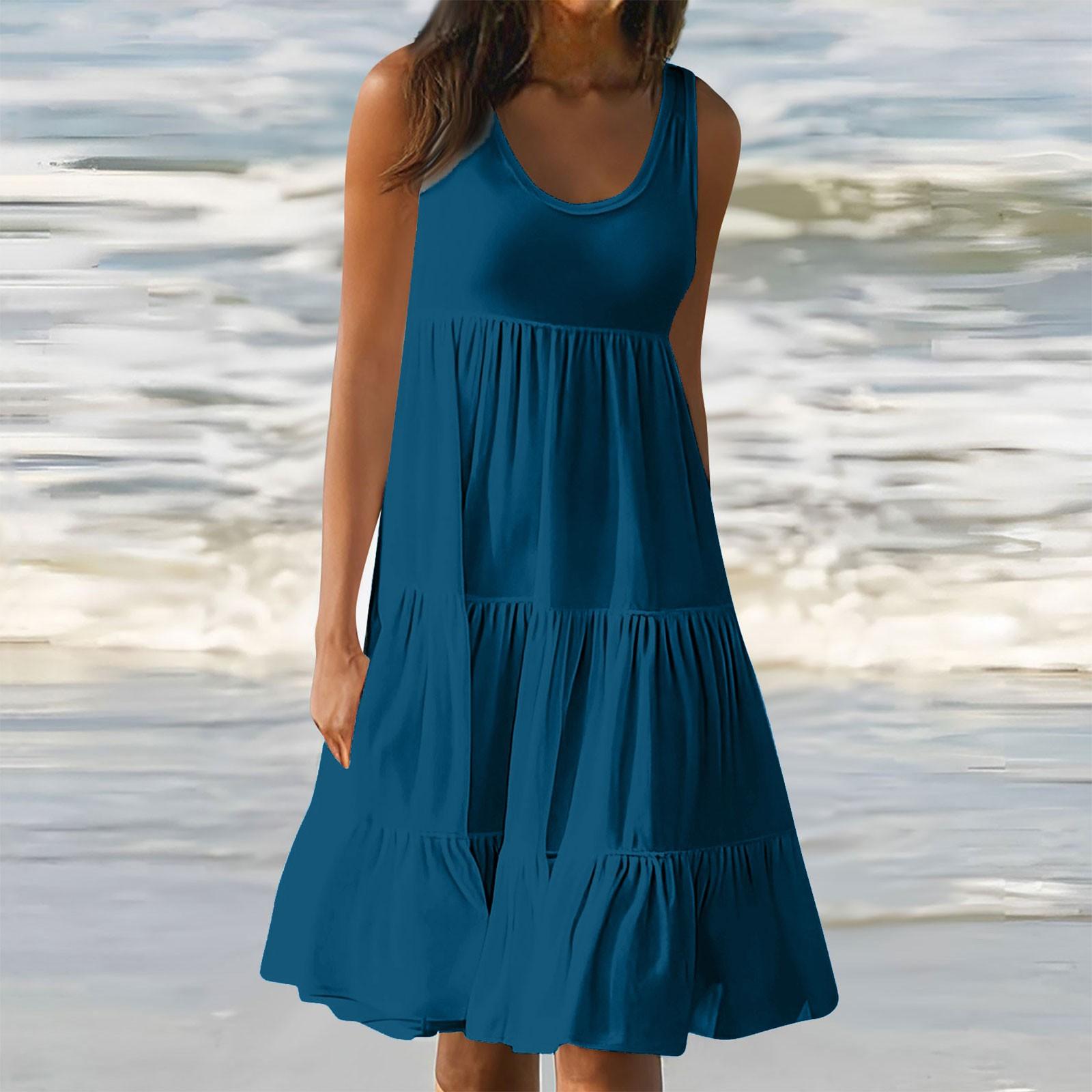 

Женские платья-жилеты Лето-весна Плиссированные богемные платья Симпатичные струящиеся пляжные платья без рукавов Прямая футболка Платья-майки Платья с круглым вырезом XL