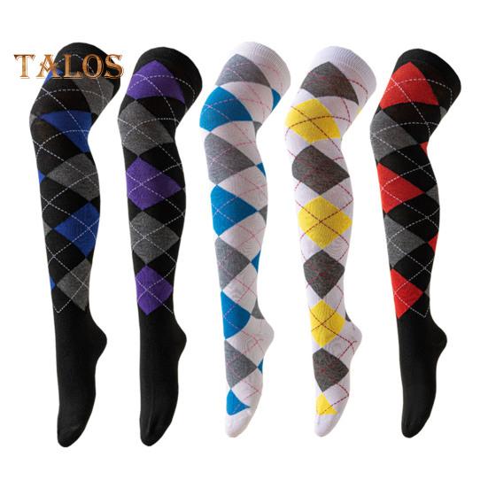 1 Pair Winter Socks Rhombus Printing Over-the-knee Socks Warm Extra Loose Ankles Contrasting Color Stockings for Daily Wear Dancing