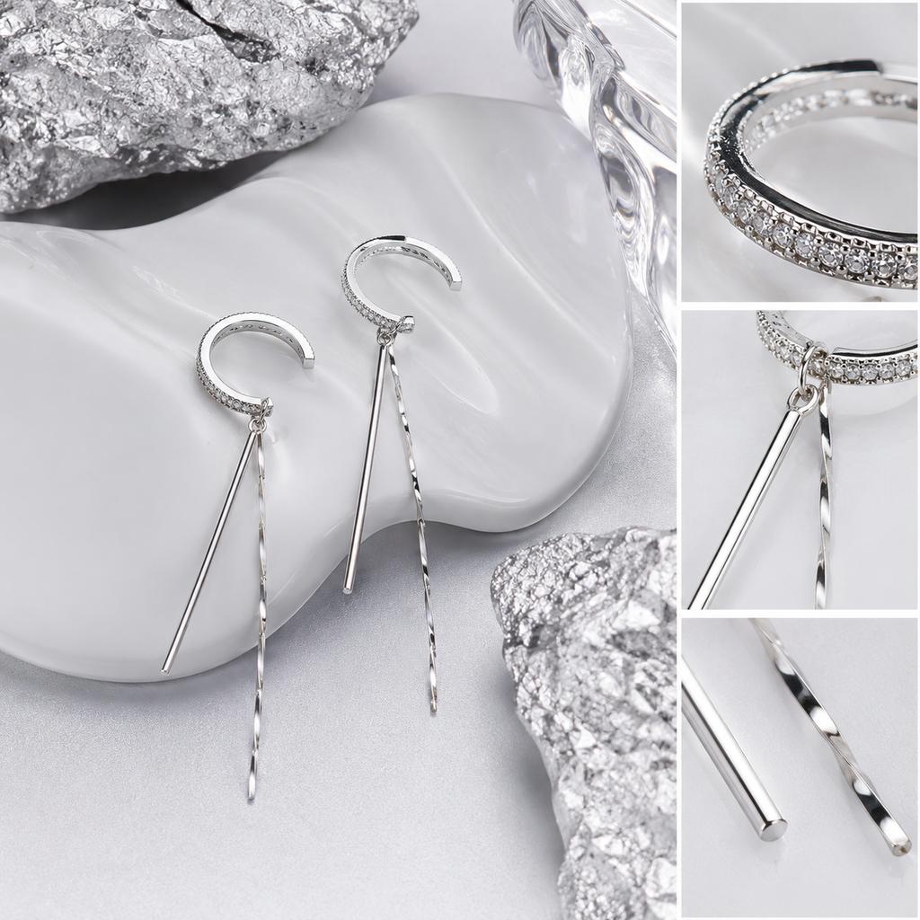 Luxury Cubic Zirconia Tassel Ear Cuff Earrings for Women Silver Tone Long Dangle Jewelry Evening Party Gift Accessories Set
