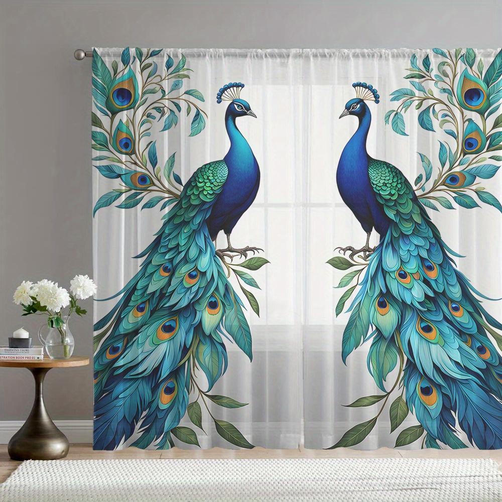 2PCS Sheer Curtains, Blue and Green, Peacock and Floral Pattern, Suitable for Bedroom and Living Room, Rod Pocket Style