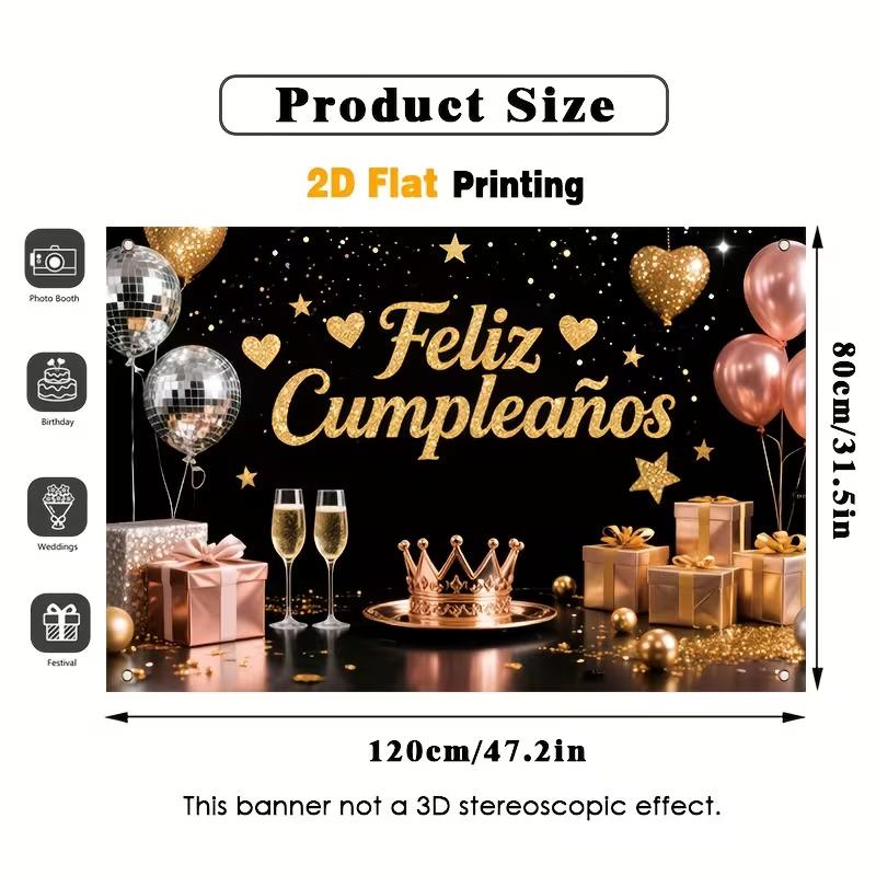 

Розово-золотой гобелен «Feliz Cumpleaños» (С Днем Рождения), 2D-печать с диско-шарами, шампанским и короной для фотозоны 47.2x31.5inch/120*80cm