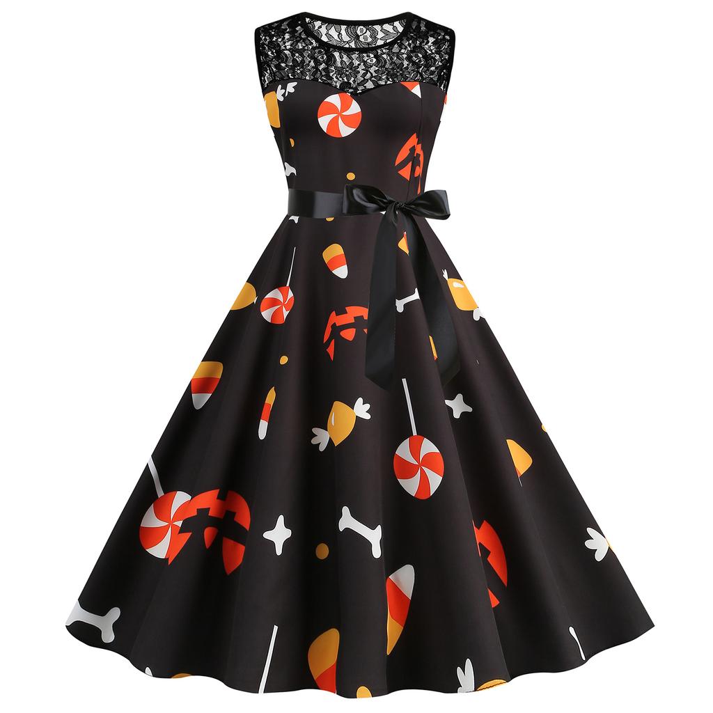 Women's Hepburn-Style Retro Lace Round Neck Sleeveless Halloween Printed Dress