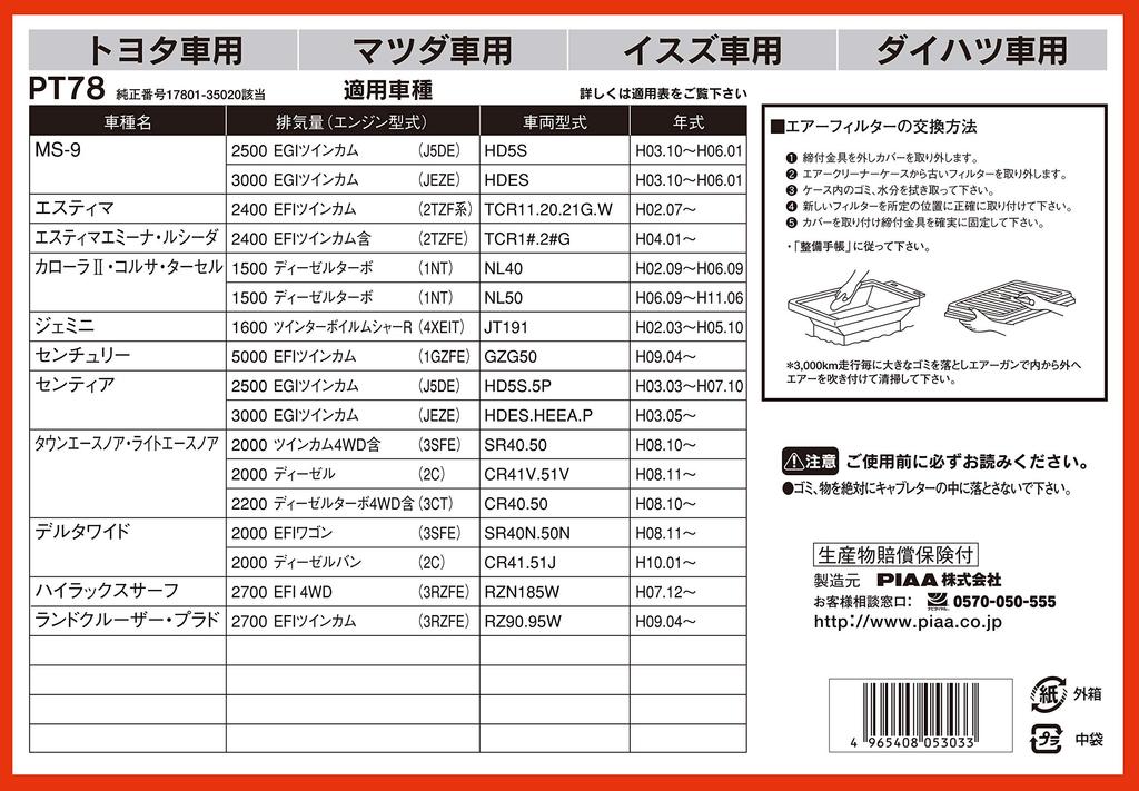 PIAA Air Filter (1 Piece) [For Toyota Vehicles] Estima, Corolla II, Town Ace, Etc. PT78