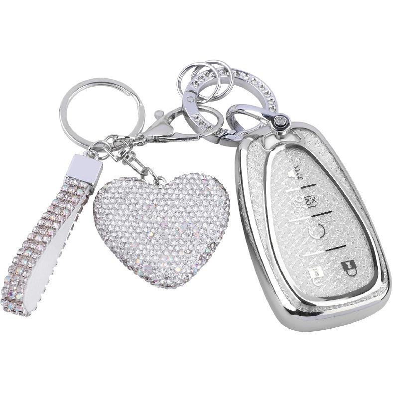 Compatiable with Chevy 5 Button Key Fob Cover with Diamond Bling Keychain, Car Accessories Keys Shell TPU for Chevrolet Equinox Malibu Camaro