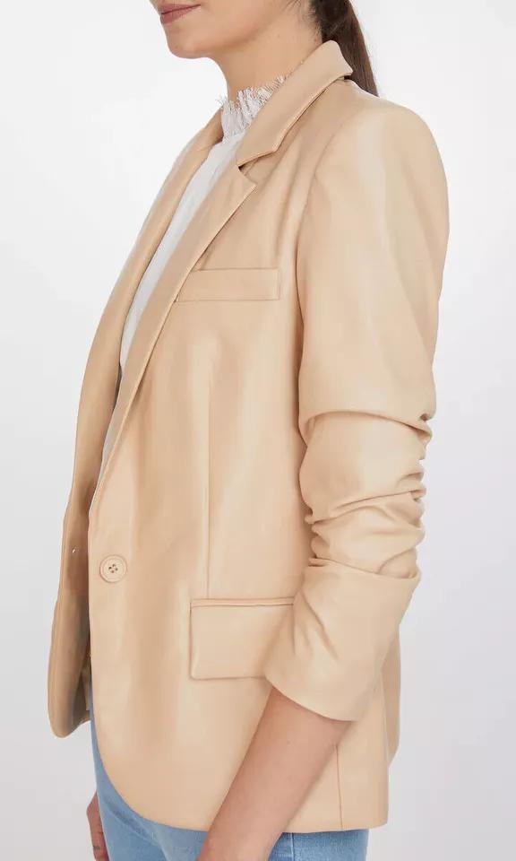 Button Party Beige Stylish Women Classic Blazer Real Lambskin Leather Genuine