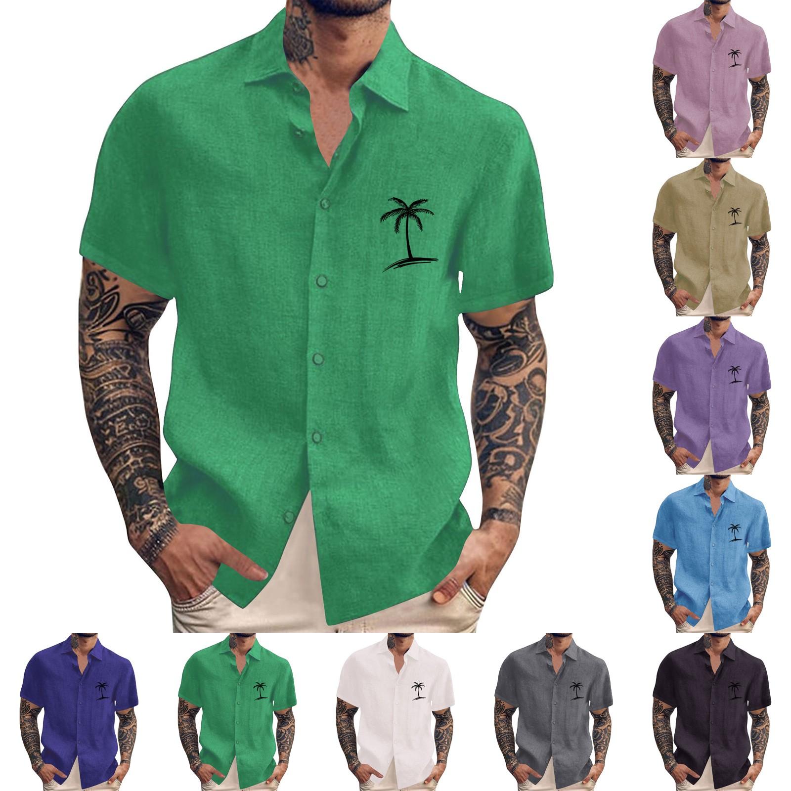 

Men S Casual Loose Short Sleeved Printed Shirt With Fashionable Lapel Top M хакі