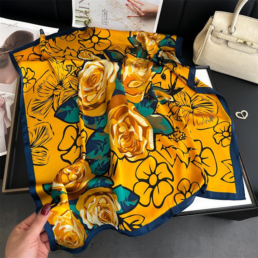 New 70*70Cm Silk Satin Hair Scarf Women Handkerchief Printed Female Square Head Bandana Small Neck Muffler Hijab Lady Girl