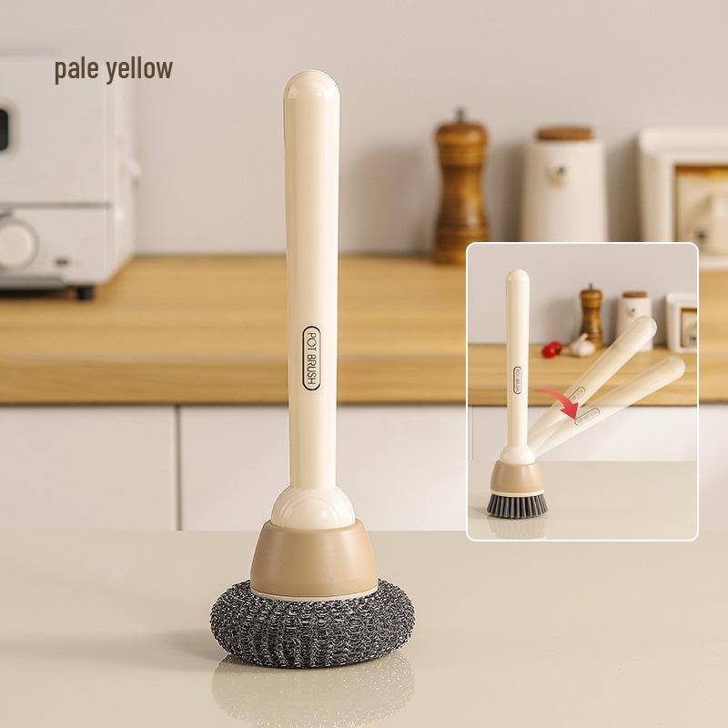 Rotatable Long-Handle Steel Wire Pot Scrubber - Adjustable Kitchen Cleaning Brush.