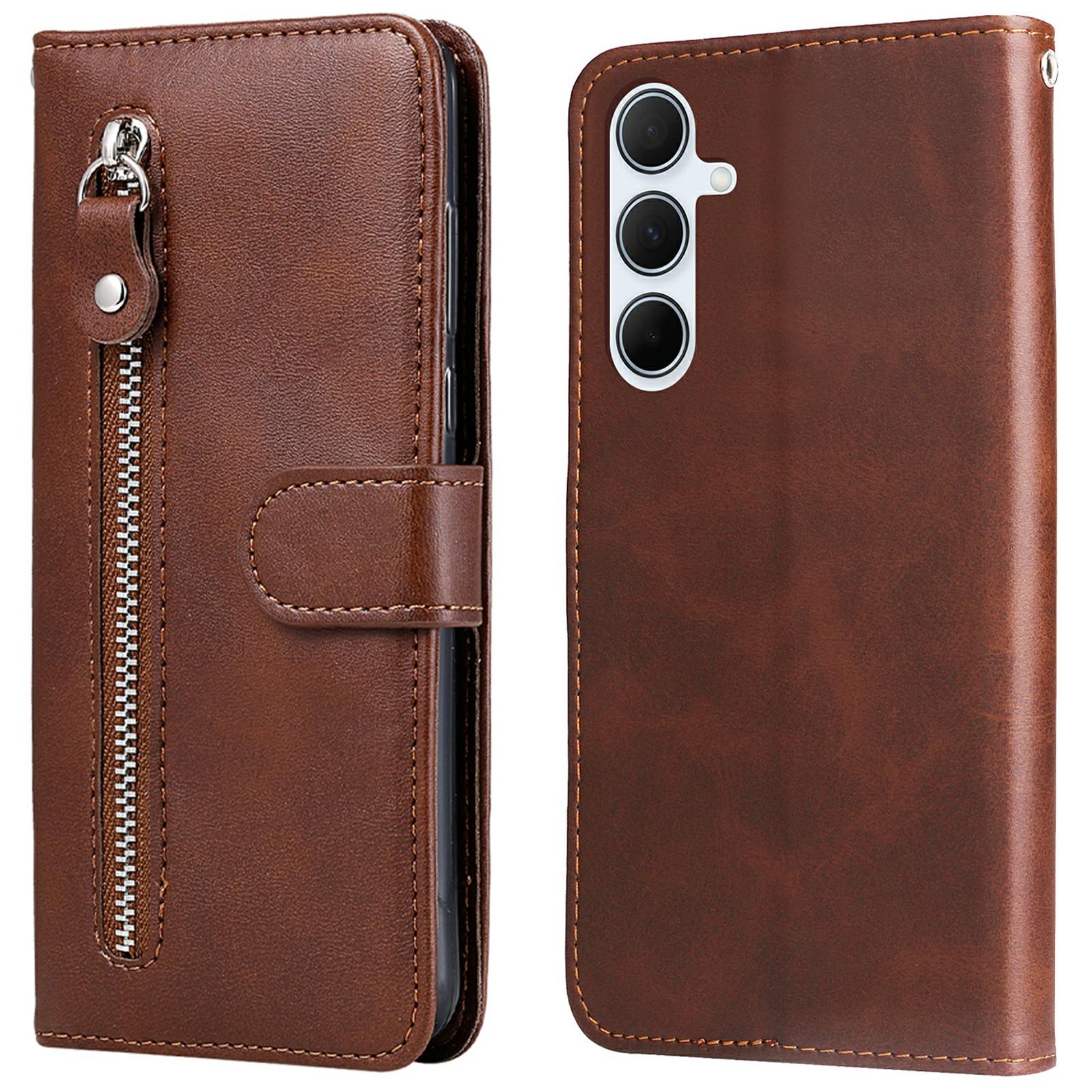 

For Samsung Galaxy A36 5G Case Zipper Wallet Calf Texture PU Leather Phone Cover Brown