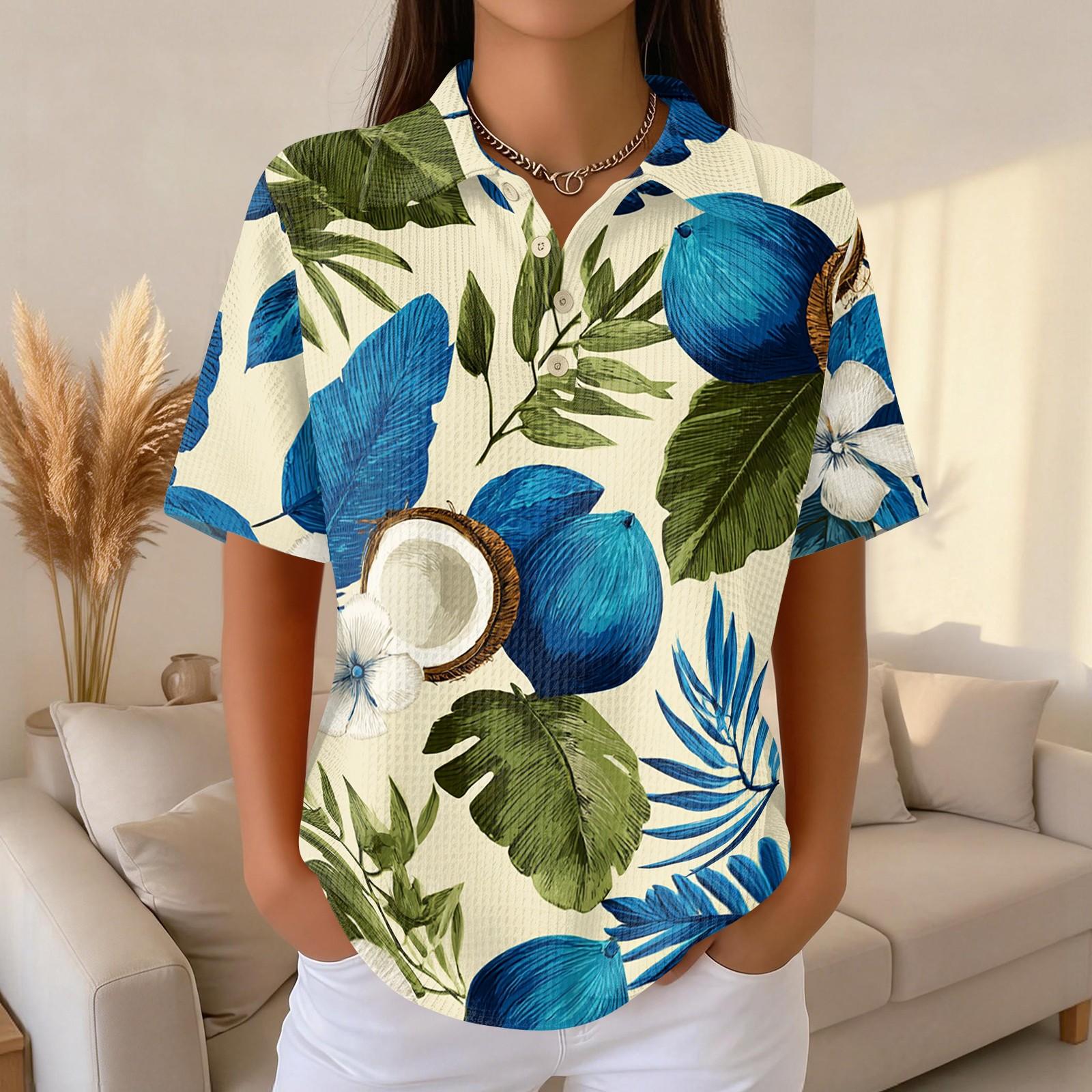 

Women s Casual Short Sleeve Polo Shirt Waffle Texture Hawaiian Print Lightweight Summer Top with Buttoned Collar Relaxed Fit XXXL синий