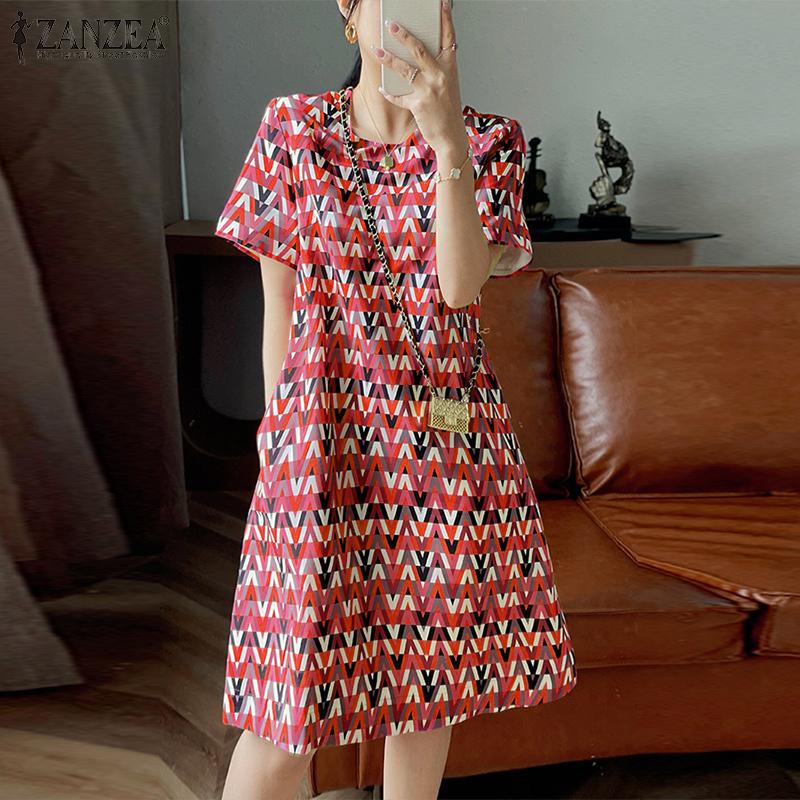 

ZANZEA Женское летнее платье с круглым вырезом и коротким рукавом с принтом