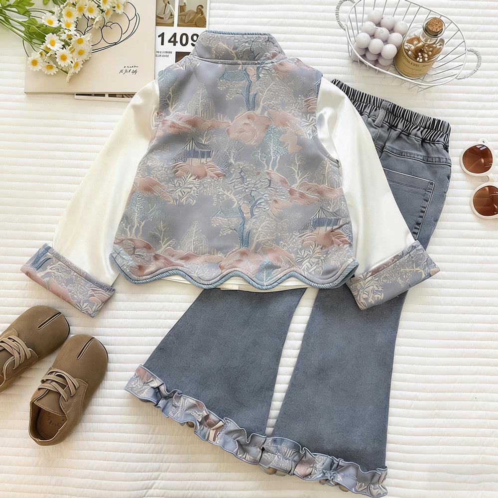 Girls New Chinese Embroidered Vest 3 Piece Set With Base Shirt And Denim Flare Pants