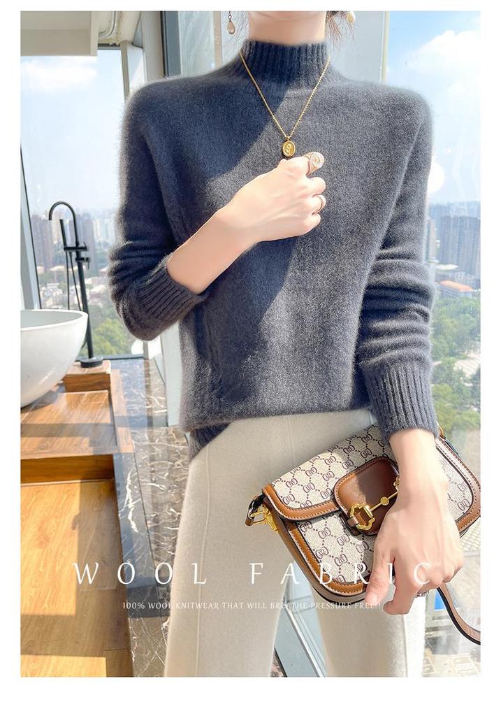 Women's Thick Wool Knitted Sweater, Loose Fit, Half-High Neck, Long-Sleeved, Slimming Base Top