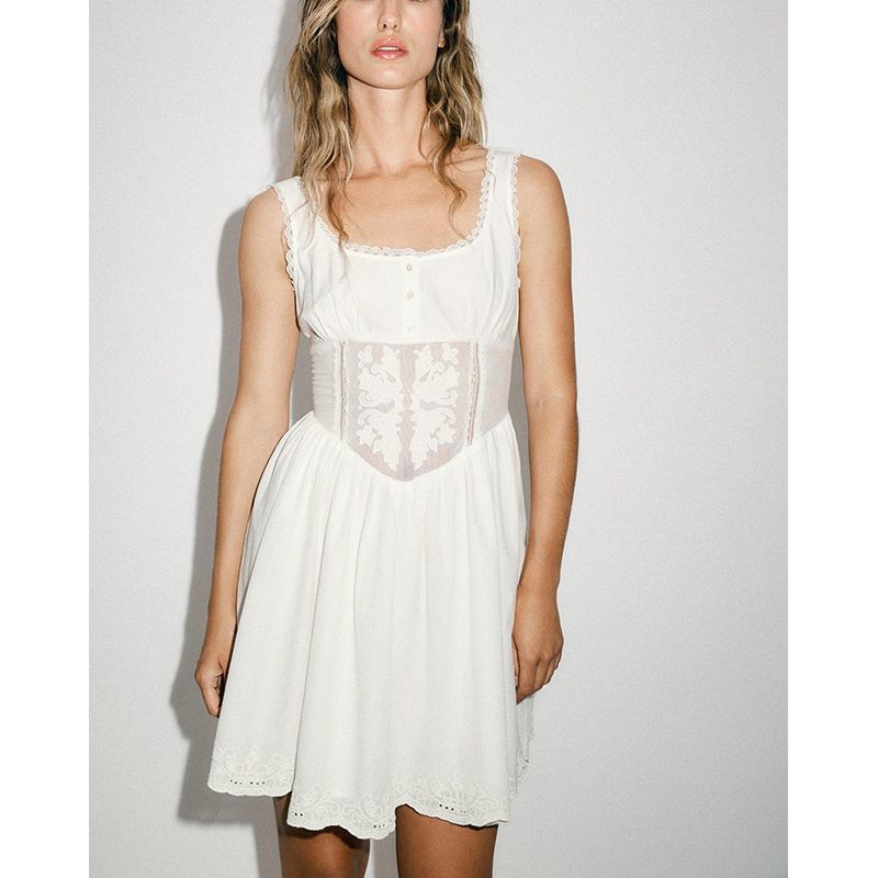 Summer New Product Women's Clothes French Round Neck Wide Shoulder Strap Embroider and Lace Trim Mini Dress 7200028