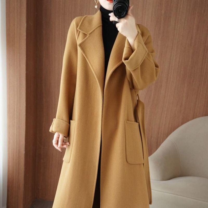 

Пальто из шерсти в французском стиле с поясом женское длинное свободного кроя простое элегантное осенне-зимнее теплое пальто XL