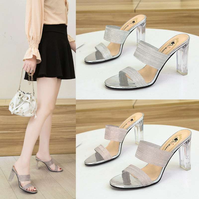 Summer Transparent High Heels Women's Sandals 24 New Sexy Outer Wear Thick Heel Sandals Middle Heel Fashion Crystal Slippers