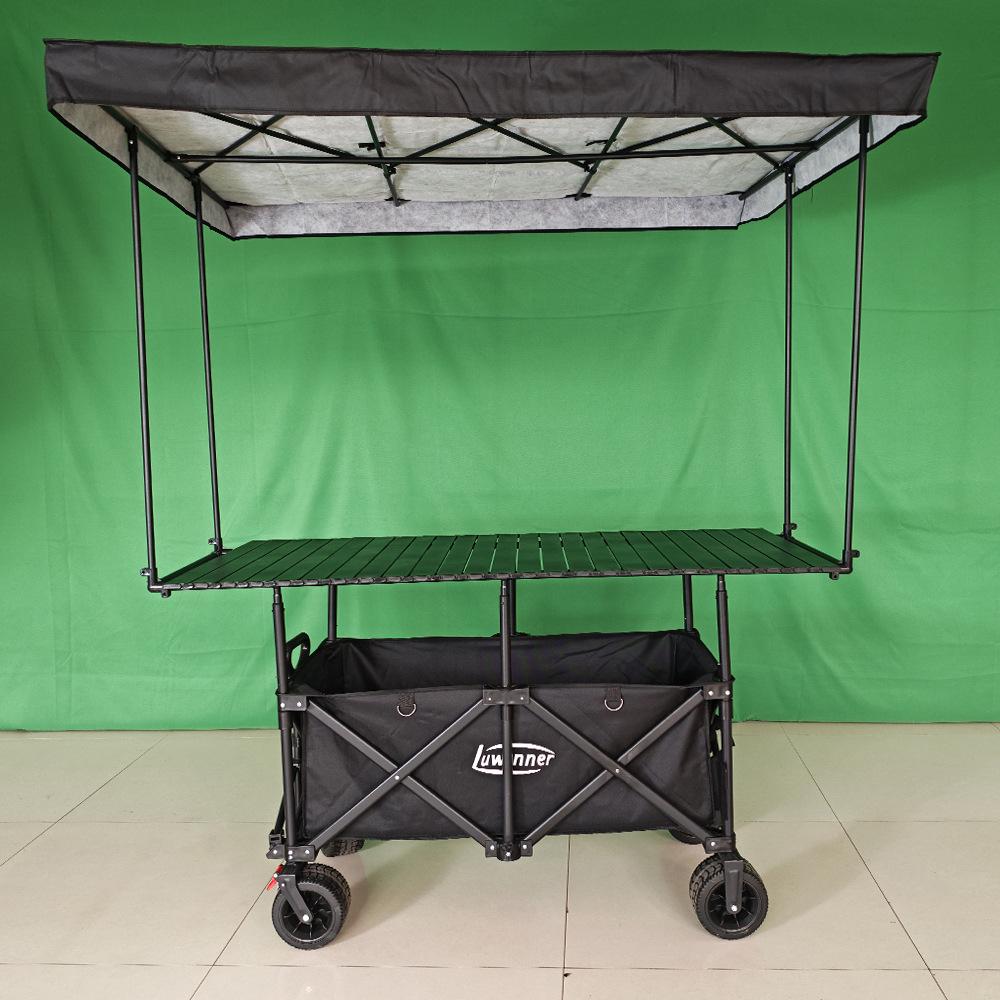 Adjustable Folding Handcart with Umbrella, Elevated Canopy & Table Top for Street Stalls or Camping.