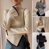 Women Fall Winter Sweater High Collar Neck Protection Knitted Irregular Split Hem Solid Color Long Sleeve Elastic Soft Warm Pullover Lady Top