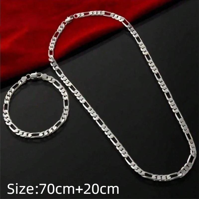 Noble New Arrive Silver Flat Sideways Chain Bracelet Necklace Set For Women Man Fashion Party Wedding Jewelry Gifts Accessories