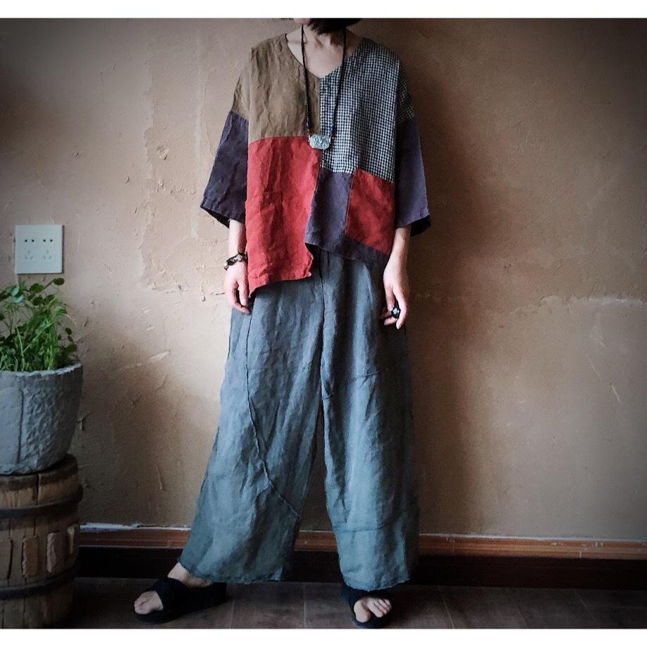 Ancient Mud Patchwork Loose Linen Top - Women's Plus Size Artistic Black & White Plaid Shirt