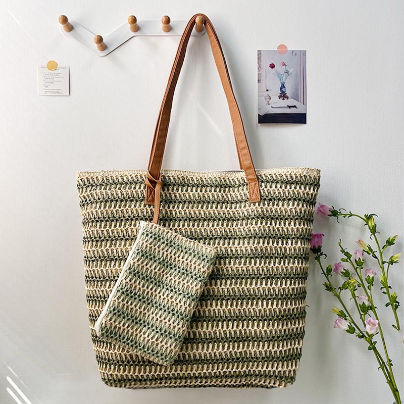 Woven Straw Tote Bag With Zipper Closure For Casual Travel And Summer Outings